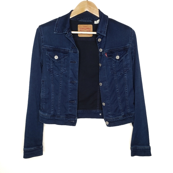 dark blue trucker jacket